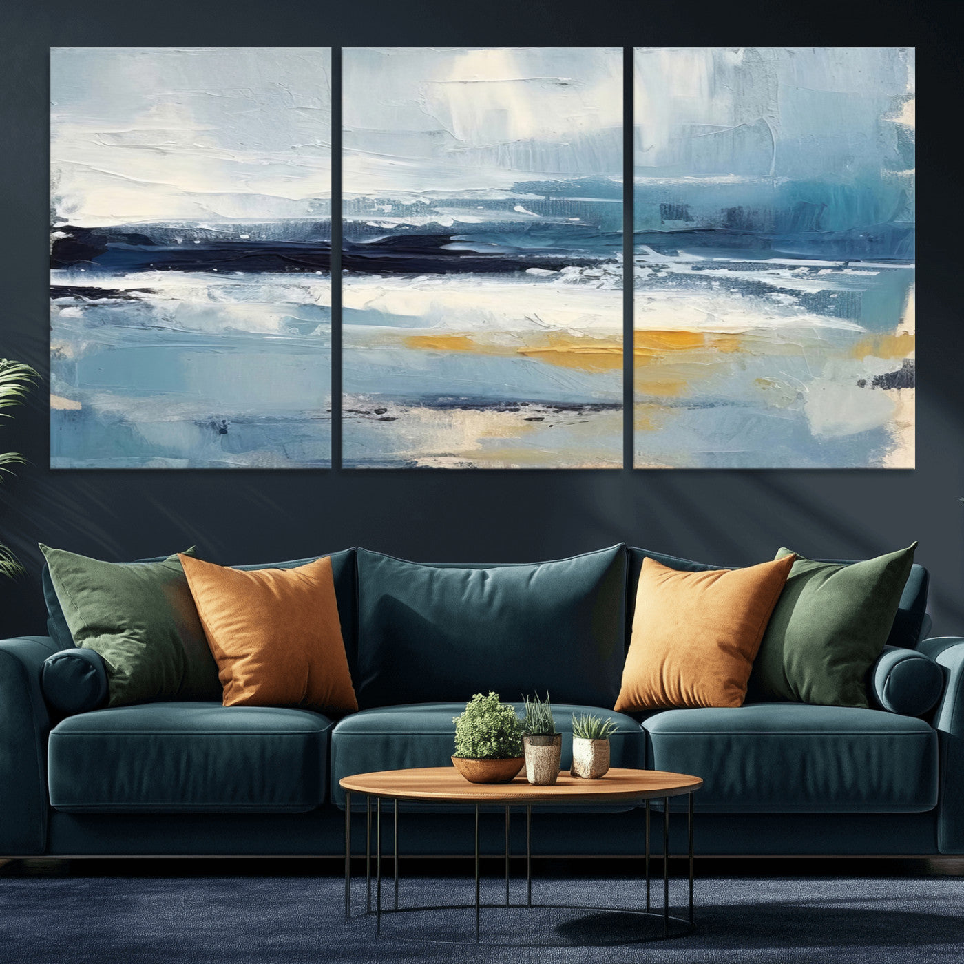 MGV-CV-60X30-3P - Abstract Ocean Canvas Wall Art - Coastal Blue and Gold Textured Painting, Modern Seascape Decor for Living Room Decor