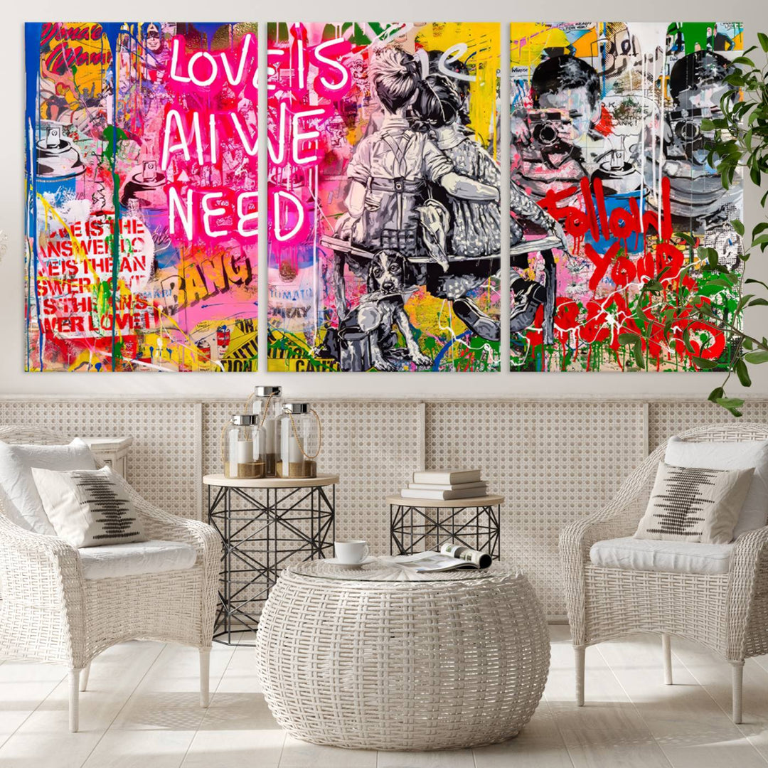 A vibrant and dynamic triptych features distorted horizontal lines, resembling graffiti street art. This artwork conveys the themes of "Follow Your Dreams" and "Love is All We Need" across three colorful panels.