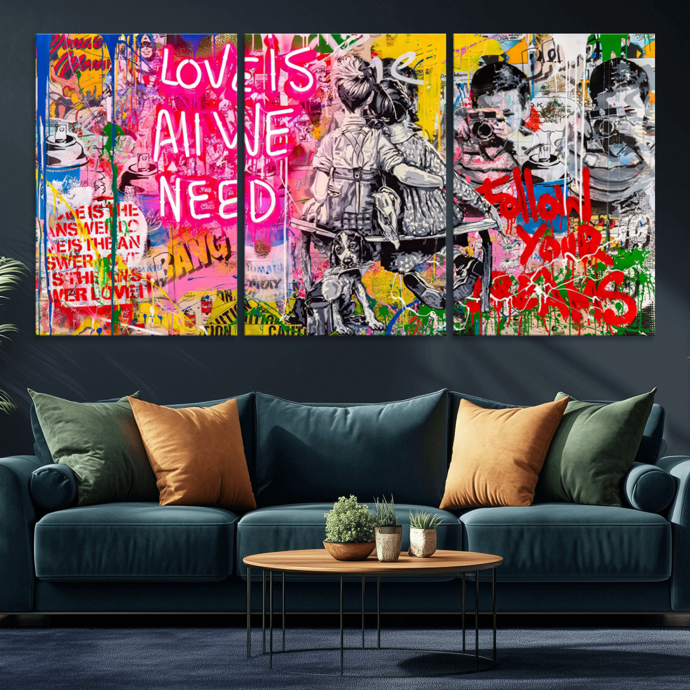 MGV-CV-60X30-3P - Follow Your Dreams & Love is All We Need Graffiti Street Art Triptych | 3-Panel Colorful Urban Wall Art for Living Room, Office, Loft Graffiti Wall Art Print