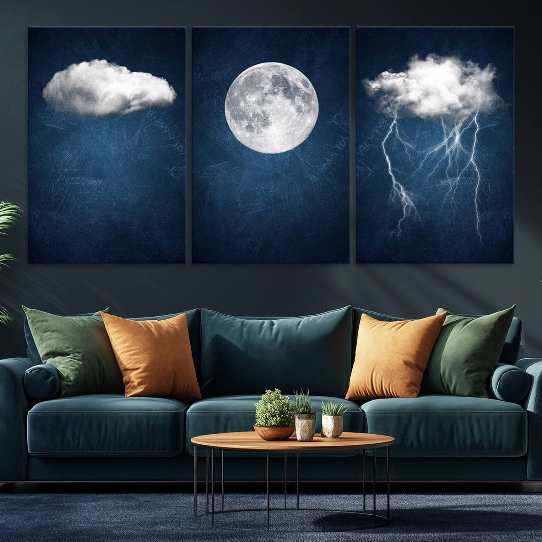 Dark Blue Cloud Art featuring a surreal moon and thunderstorm on a dark background.