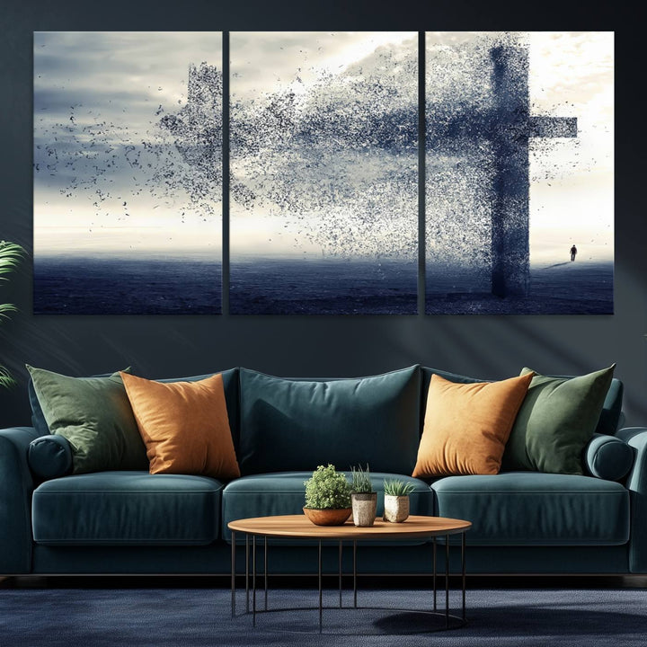 The Jesus and the Fading Cross wall art portrays a moody landscape.