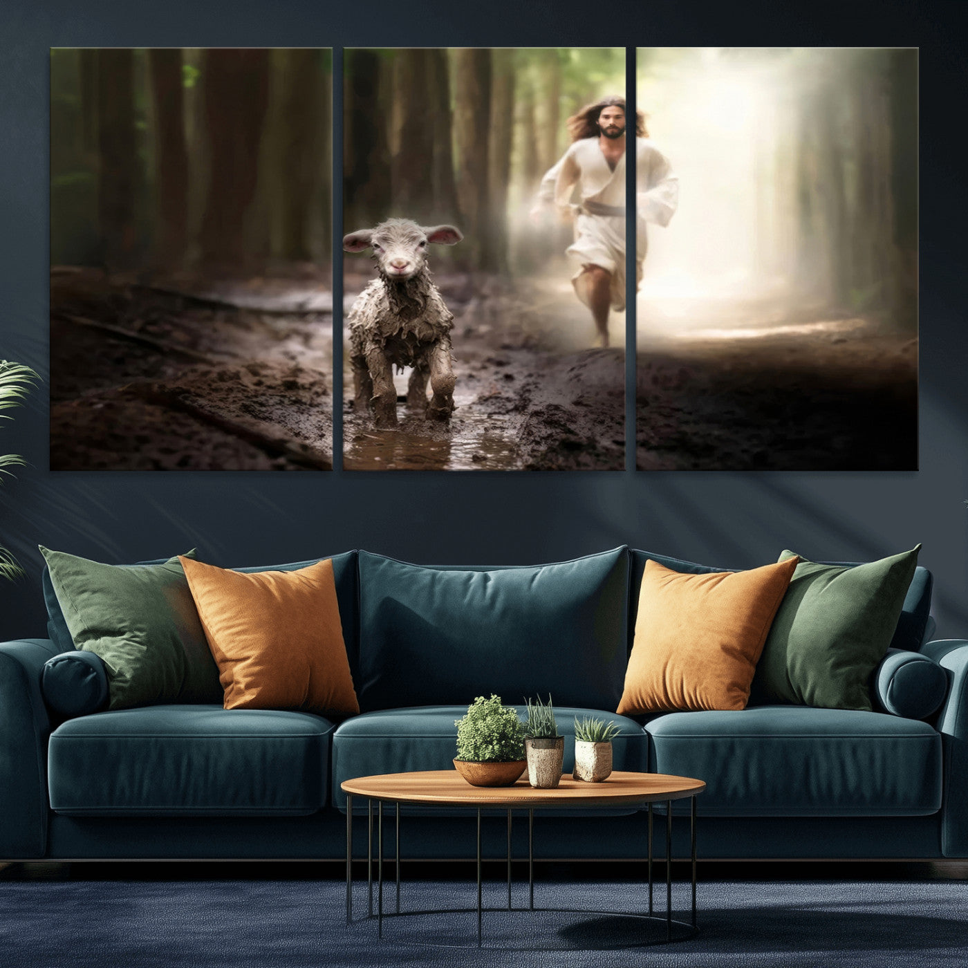 MGV-CV-60X30-3P - Jesus Canvas Wall Art - Jesus Running After Lost Lamb, Jesus, Christian Home Decor - Church Wall Art