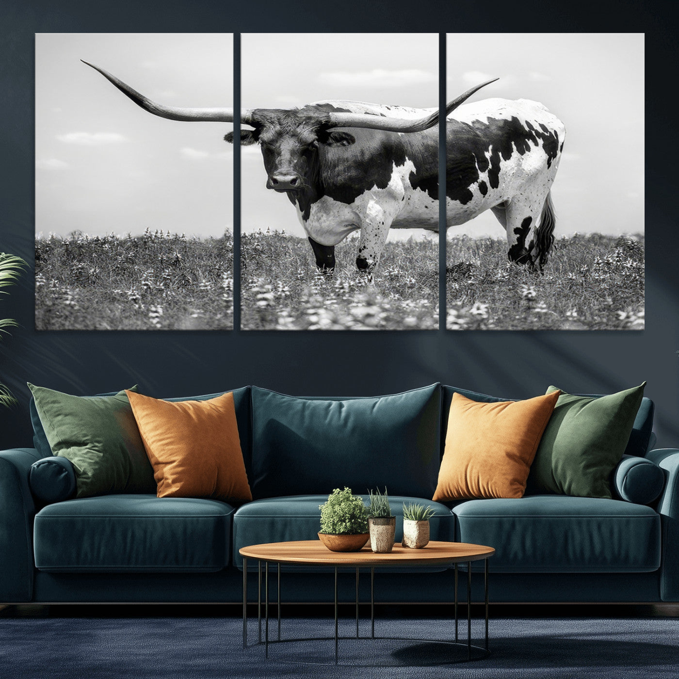 -Texas Black White Highland Longhorn Cow Wall Art Canvas Print