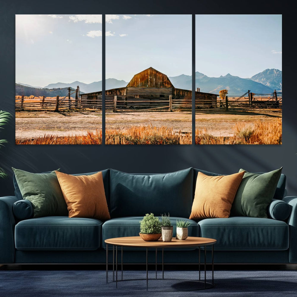 Dining area showcasing a Vintage Old Barn Field Canvas Print, highlighting farmhouse decor tranquility.