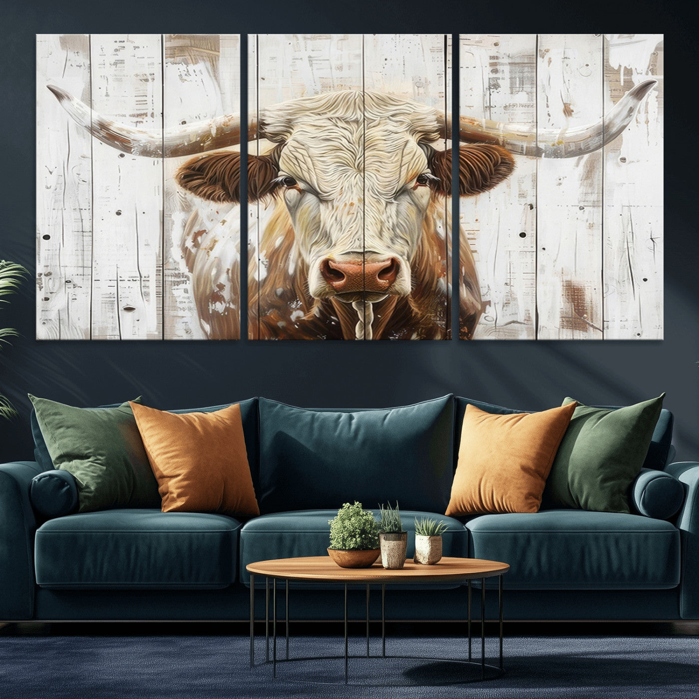 -Rustic Longhorn Bull Wall Art Canvas Set – Western-Inspired Farmhouse Décor - Ready to Hang