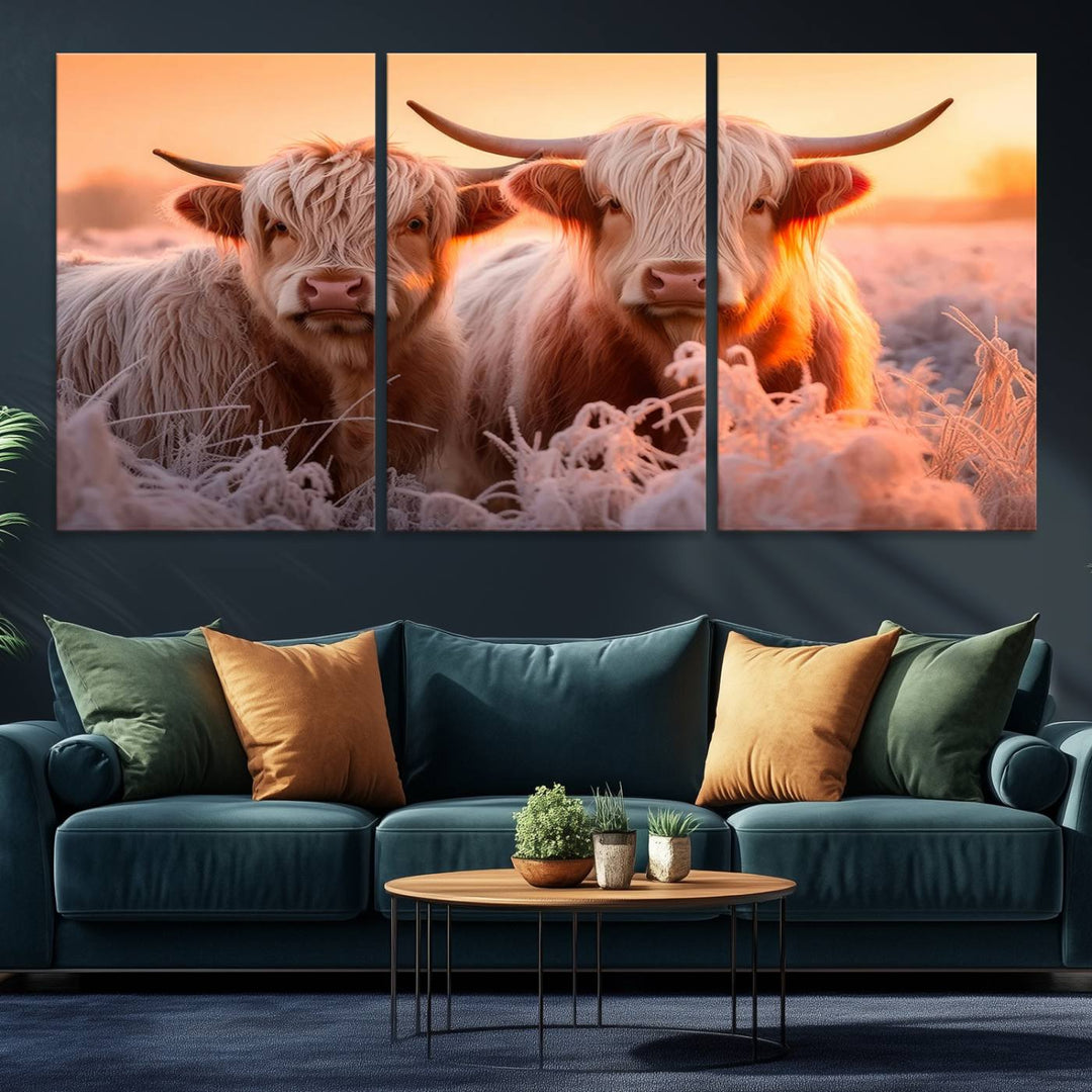 Highland Cows at Sunrise Wall Art adds serene rustic farmhouse charm.