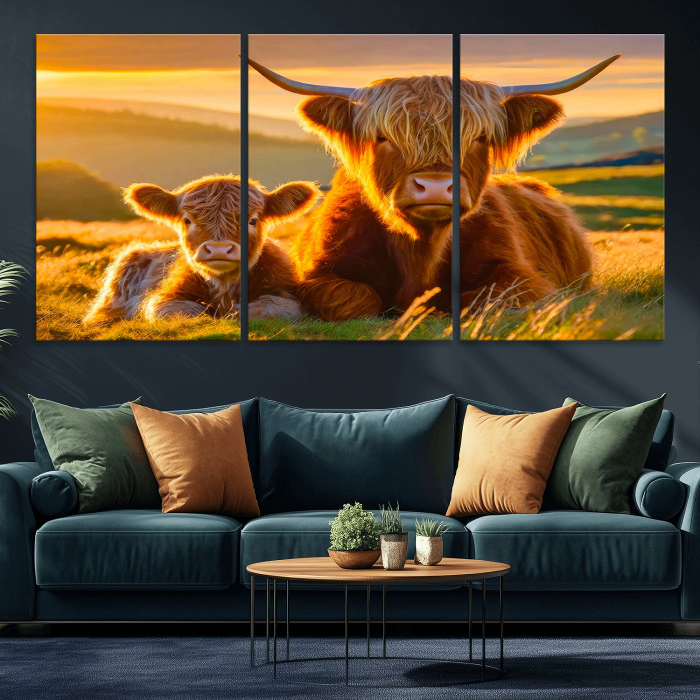 -Scottish Cow and Baby Cow Canvas Wall Art Animal Print Fluffy Cattle Framed Farmhouse Decor