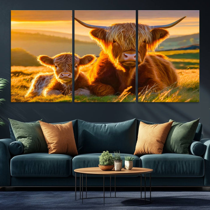 The Scottish Cow and Baby Cow Canvas Wall Art captures sunset fields.