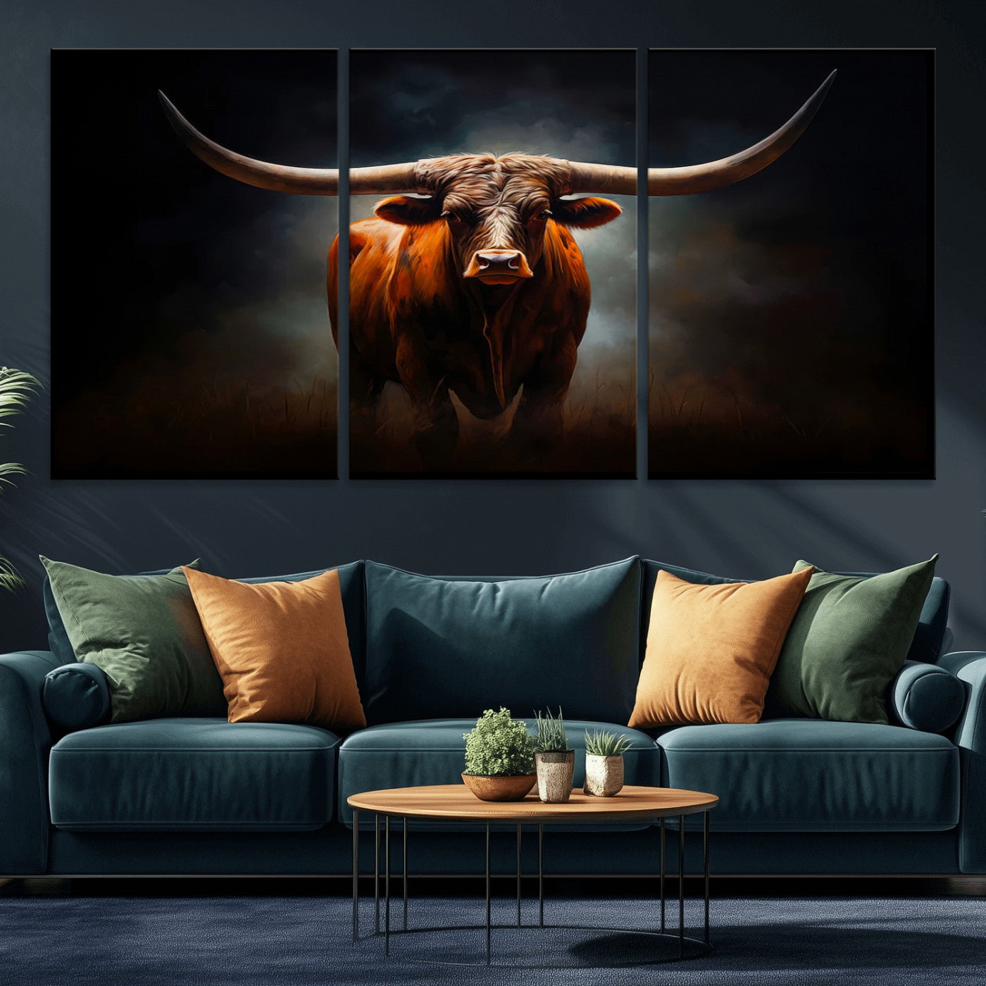 MGV-CV-60X30-3P - Abstract Texas Longhorn Wall Art Print | 3-Panel Large Texas Longhorn Canvas Print for Living Room, Office  Farmhouse Decor | Framed Longhorn Wall Art