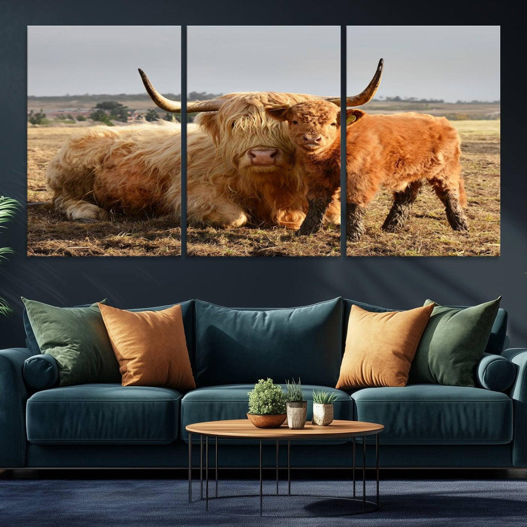 Highland Cow Canvas: a light brown cow and calf in the field, ideal farmhouse decor.