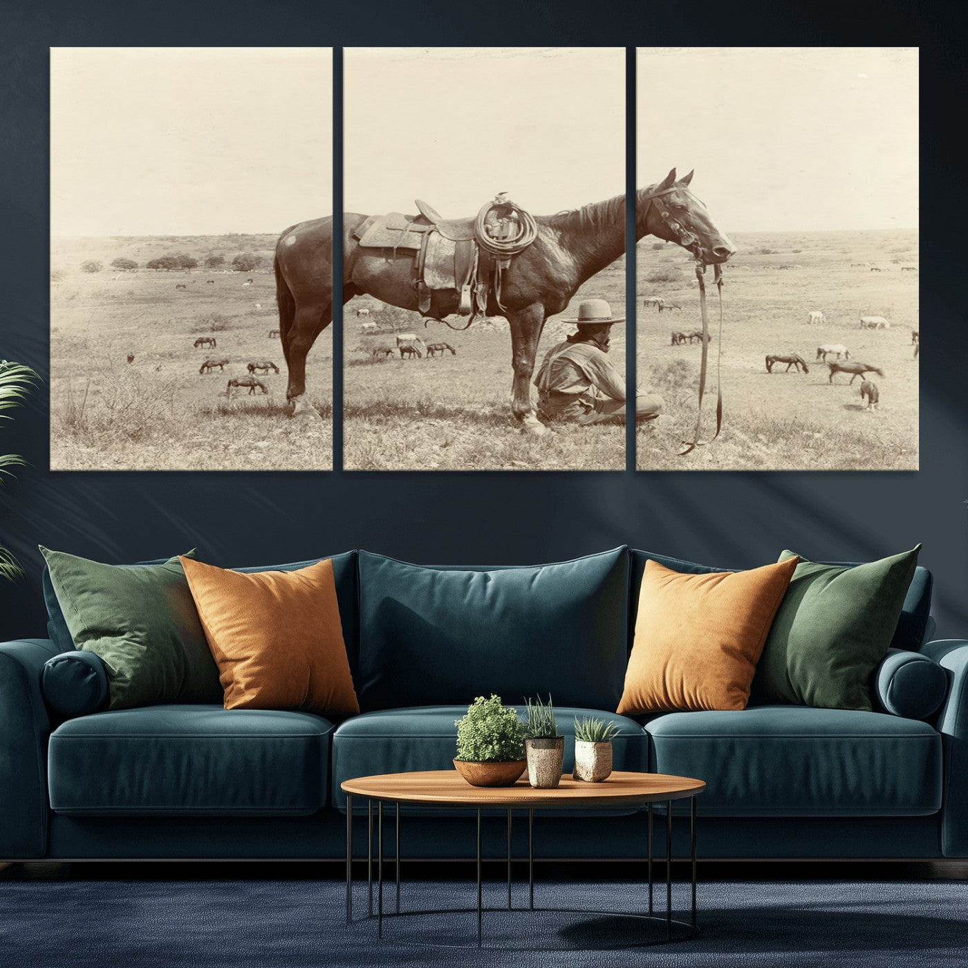 MGV-CV-60X30-3P - Cowboy Wall Art - Western Horse Canvas Print - Vintage Western Wall Art Canvas Print, Ready to Hang
