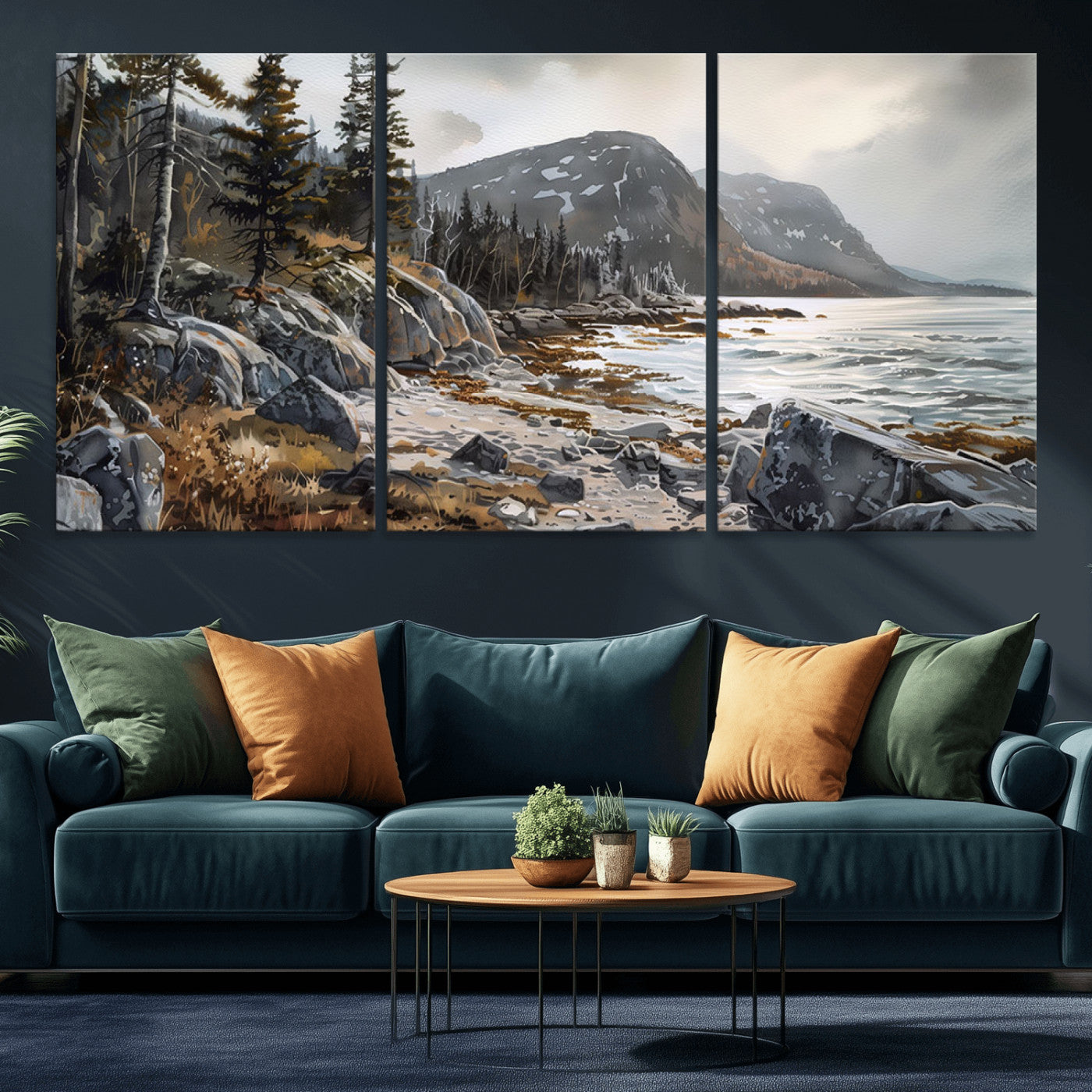 -Serene Coastal View of Acadia National Park - Stunning 3-Panel Wall Art Canvas Print, Framed, Ready