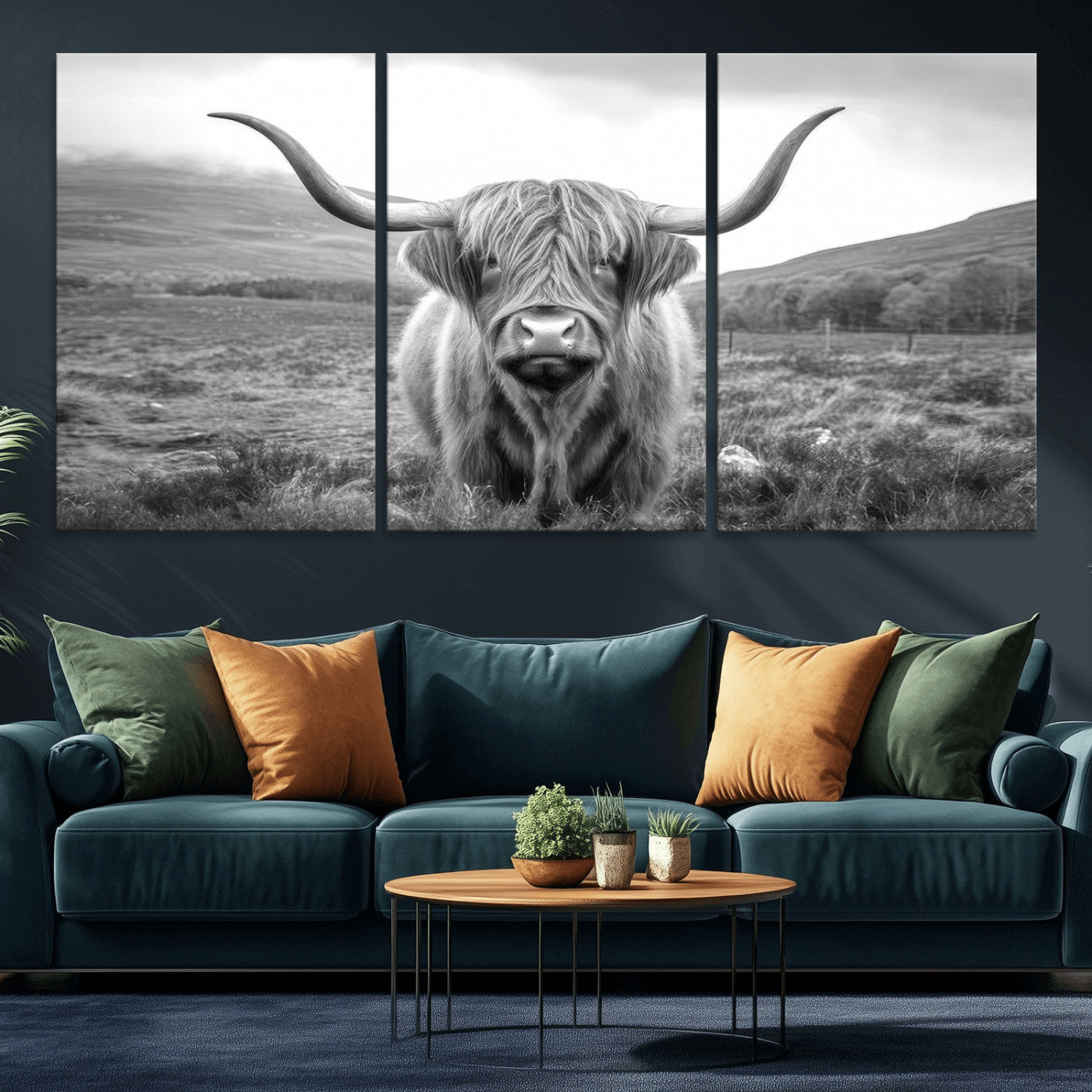 MGV-CV-60X30-3P - Black White Scottish Highland Cow Canvas Farm Wall Art Canvas Print