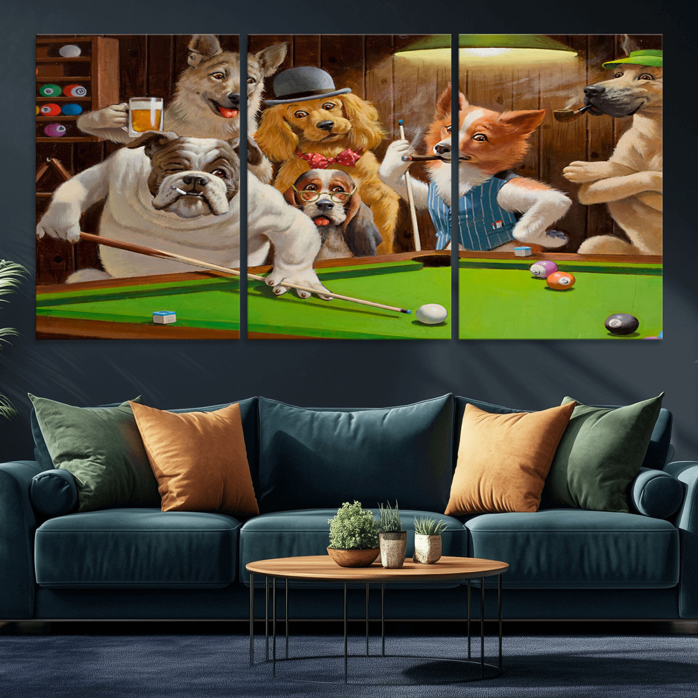 MGV-CV-60X30-3P - Dogs Playing Pool Canvas Wall Art Funny Gifts Dog Print