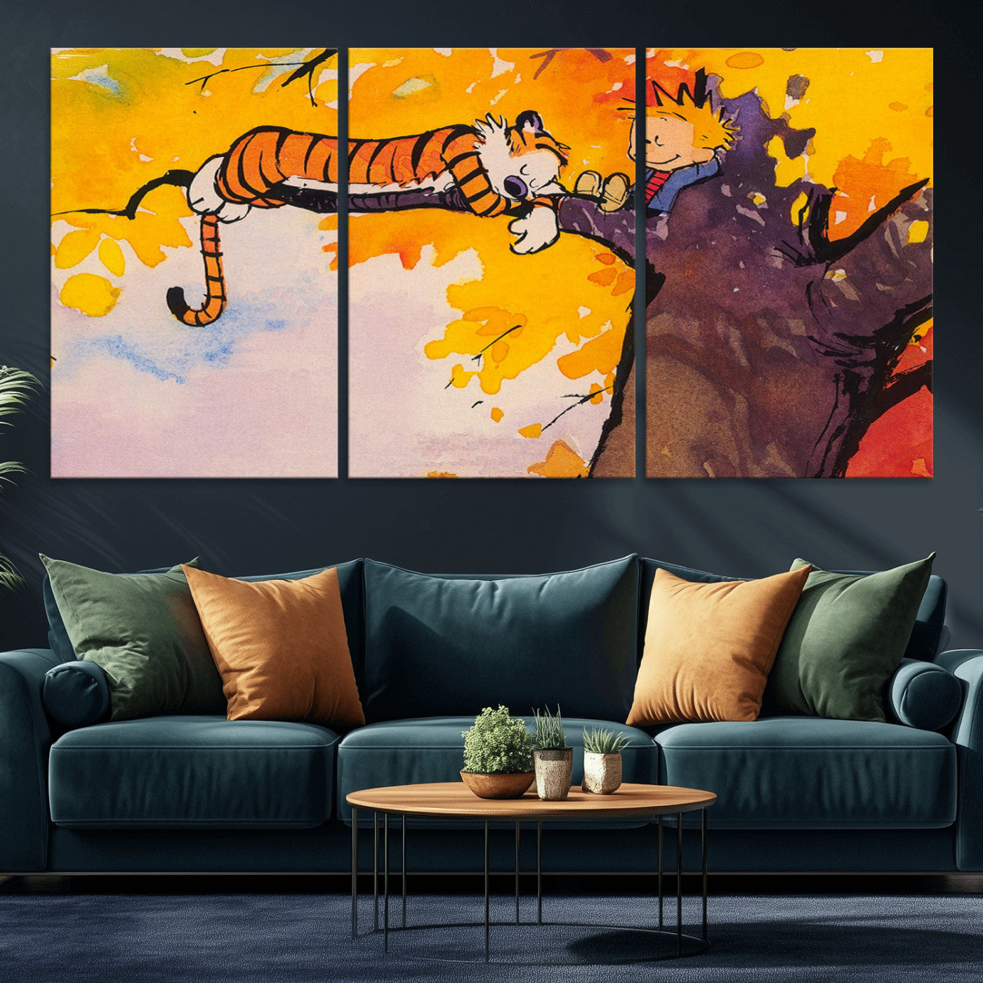 MGV-CV-60X30-3P - Calvin and Hobbes Tree Scene Canvas Print | 3 Panel Large Wall Art for Living Room or Kid’s Room,