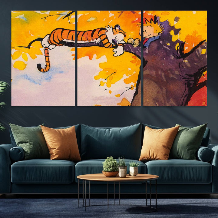 Premium canvas Calvin Wall Arts featuring a boy and tiger relaxing on a branch.