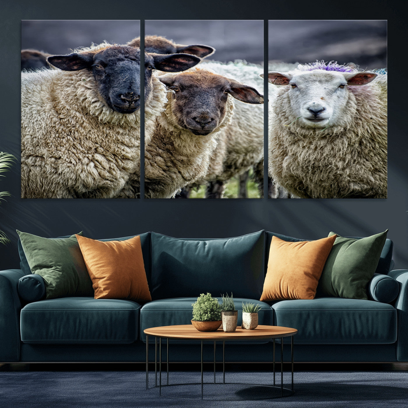 -Charming Sheep Portrait Wall Art – Trio of Woolly Companions Canvas Print, Framed, Ready to Hang