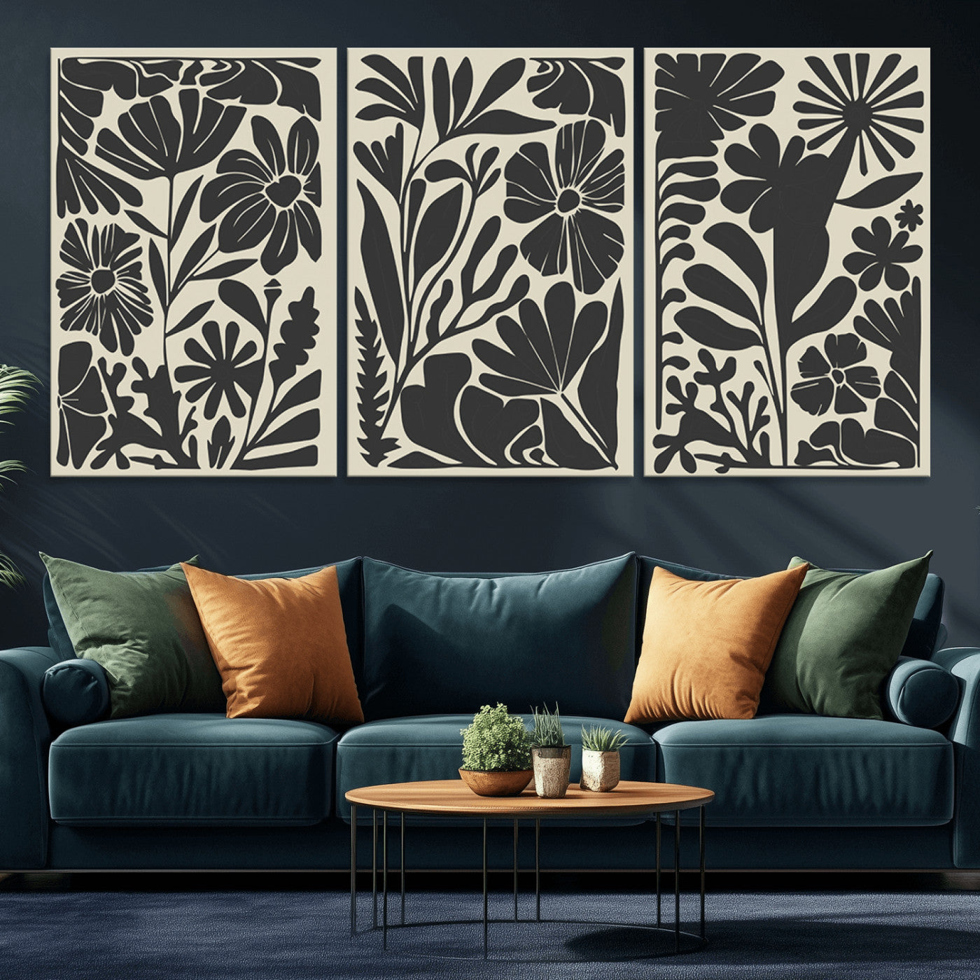 MGV-CV-60X30-3P - Modern Botanical Wall Art - Floral Black and White Canvas Print, Framed, Ready to Hang