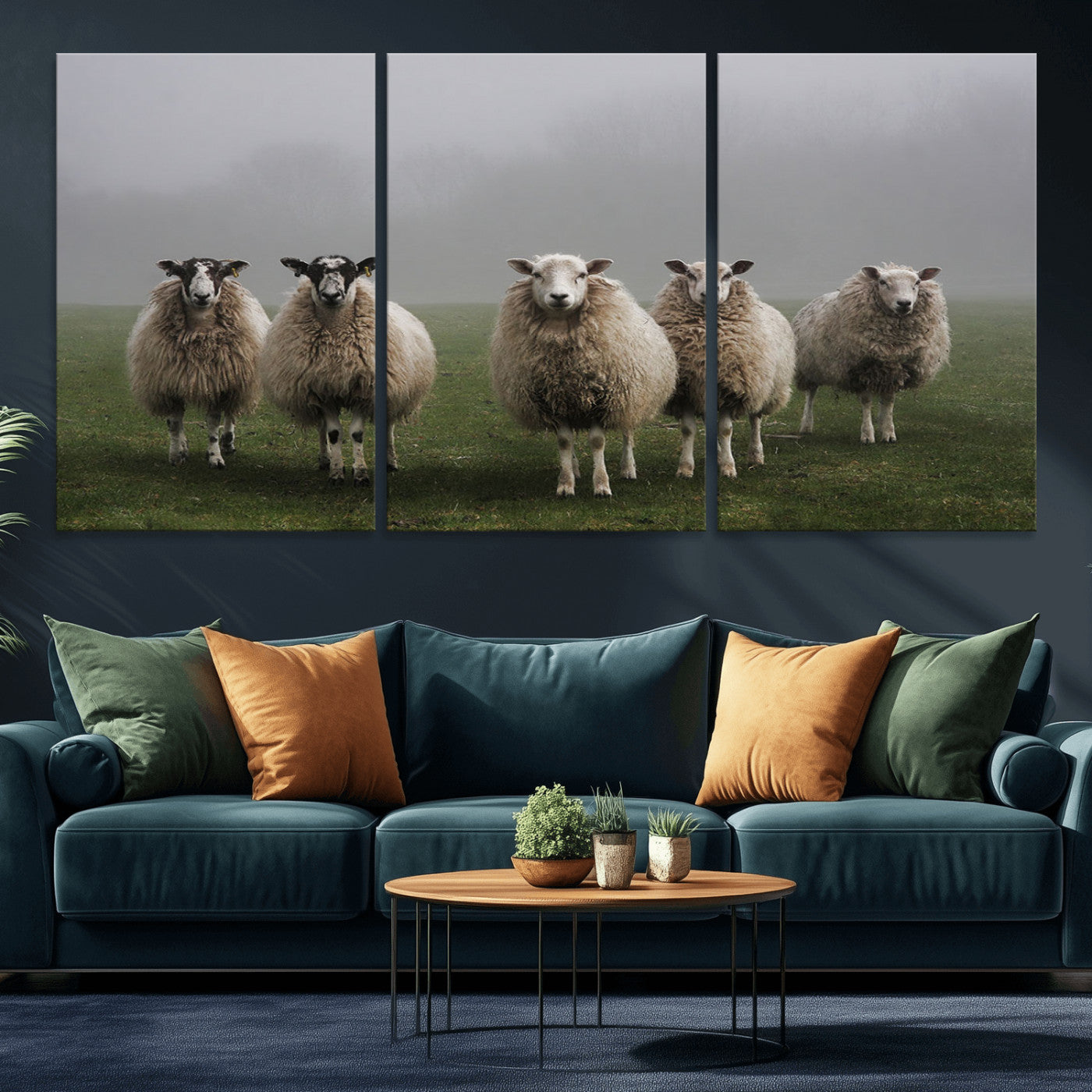 -Flock of Sheep in a Mystical Fog – Pastoral Wall Art Canvas Print, Framed, Ready to Hang