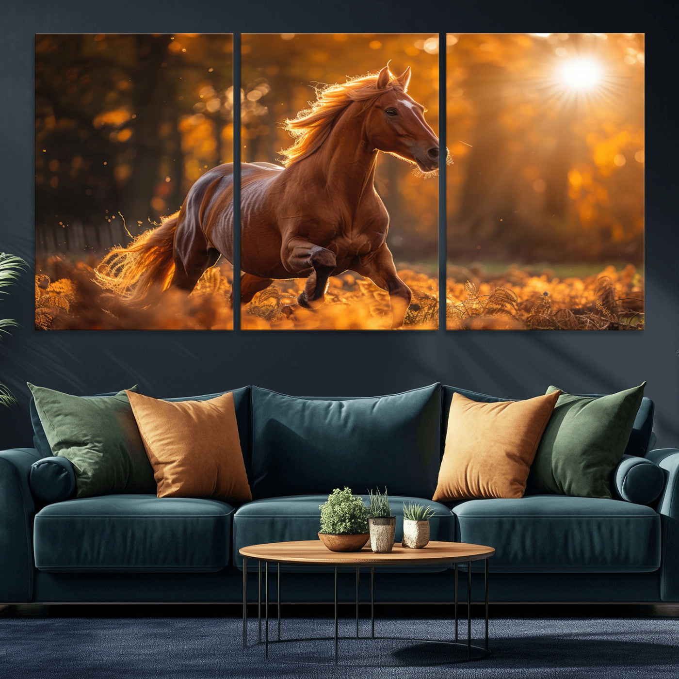 -Running Horse Sunset Forest Wall Art Canvas Print