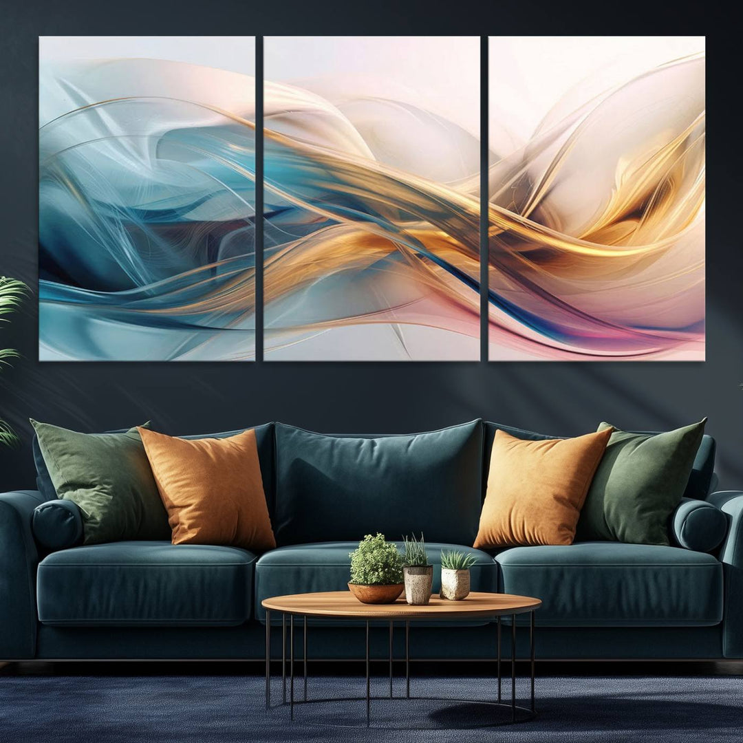 Abstract Flowing Colors Wall Art featuring blue, gold, and pink adds modern elegance to the space.