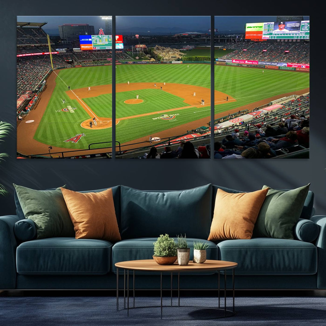 The Angel Stadium Aerial View canvas print of an Angels baseball game is showcased.