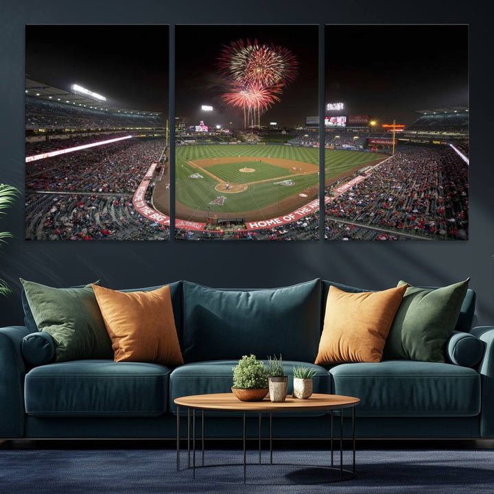 Fireworks at Angel Stadium – LA Angels Night Game Canvas Print, framed and ready to hang.