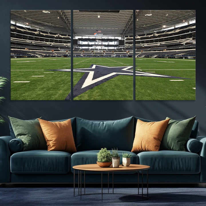 AT&T Stadium Dallas Cowboys Canvas Print displayed above a dining table.