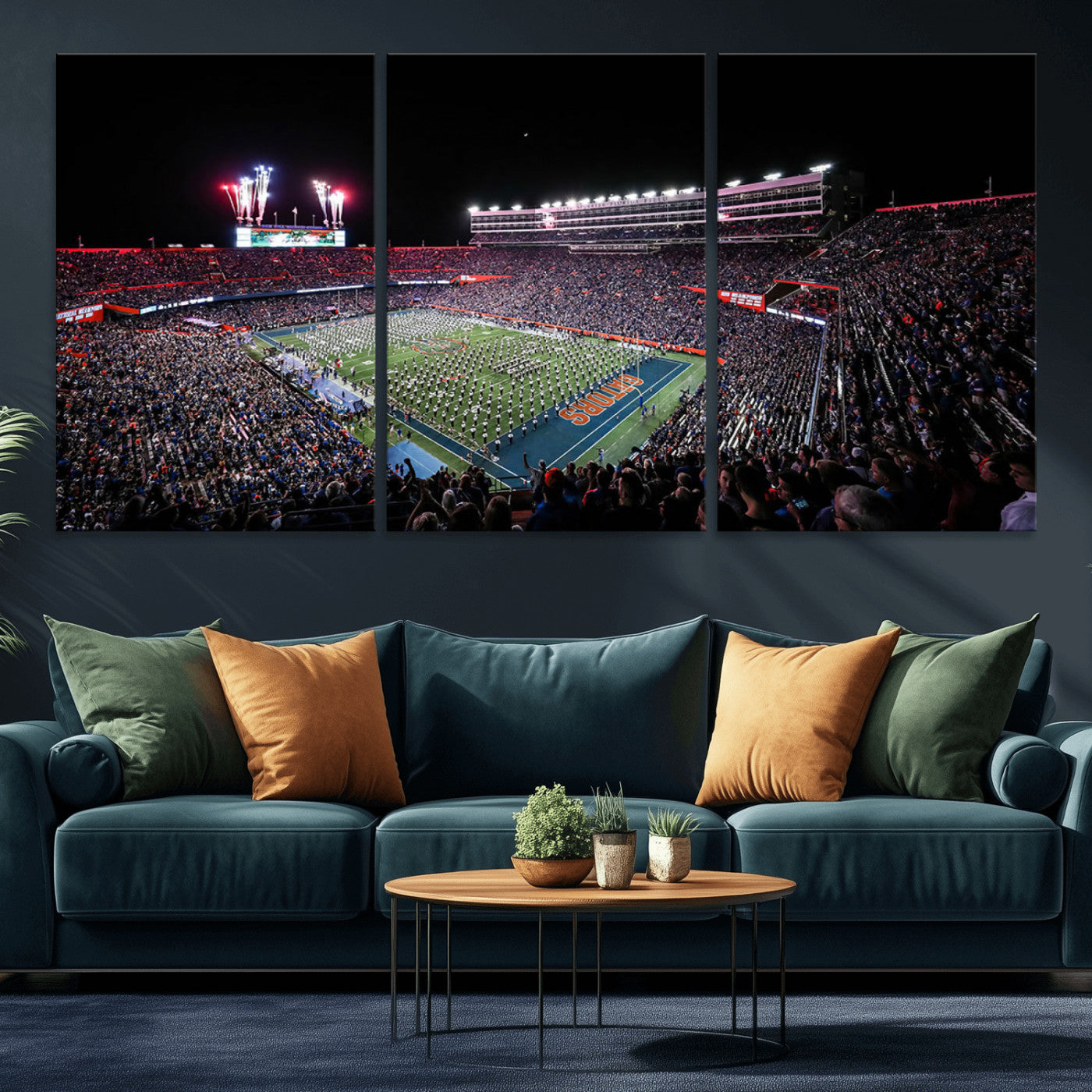 MGV-CV-60X30-3P - Ben Hill Griffin Stadium Night Game Triple Canvas Wall Art - Florida Gators Football Match
