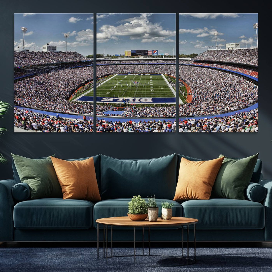 Our Buffalo Bills Game Day Canvas captures a vibrant scene at Highmark Stadium, with a lively crowd under a partly cloudy sky.