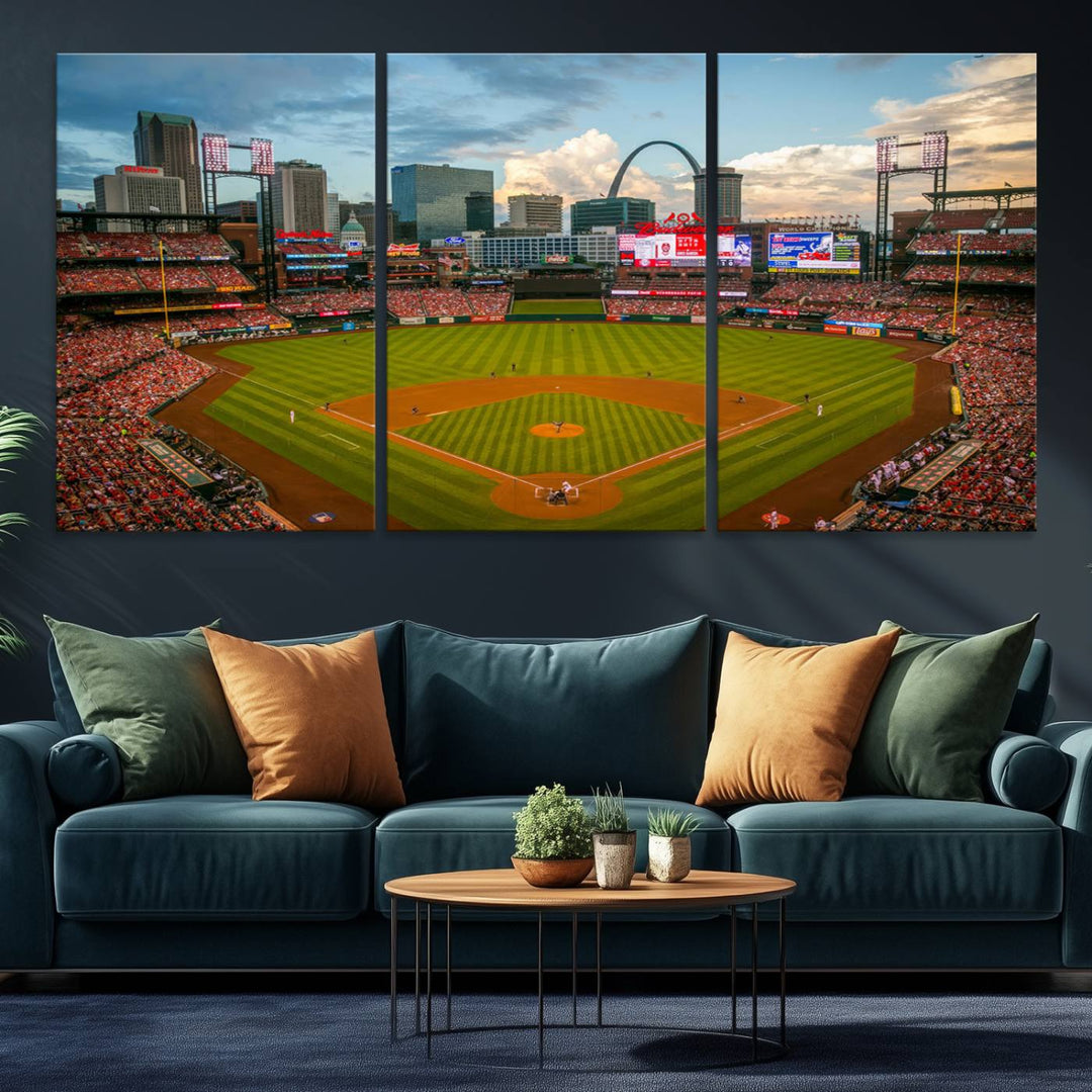 A Busch Stadium canvas print featuring a cityscape, ideal for enhancing living room or man cave sports decor.