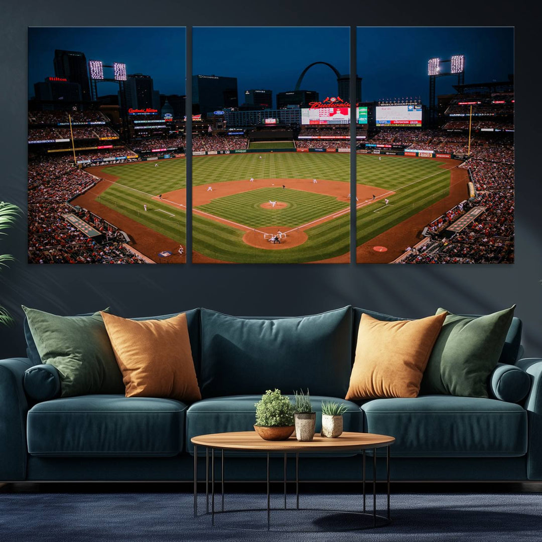 A St. Louis Cardinals Baseball Team print of Busch Stadium at night adorns the wall.