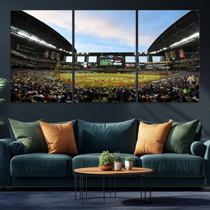 The wall art is an Arizona Diamondbacks Baseball Print depicting a packed Chase Field Stadium under a clear blue sky.