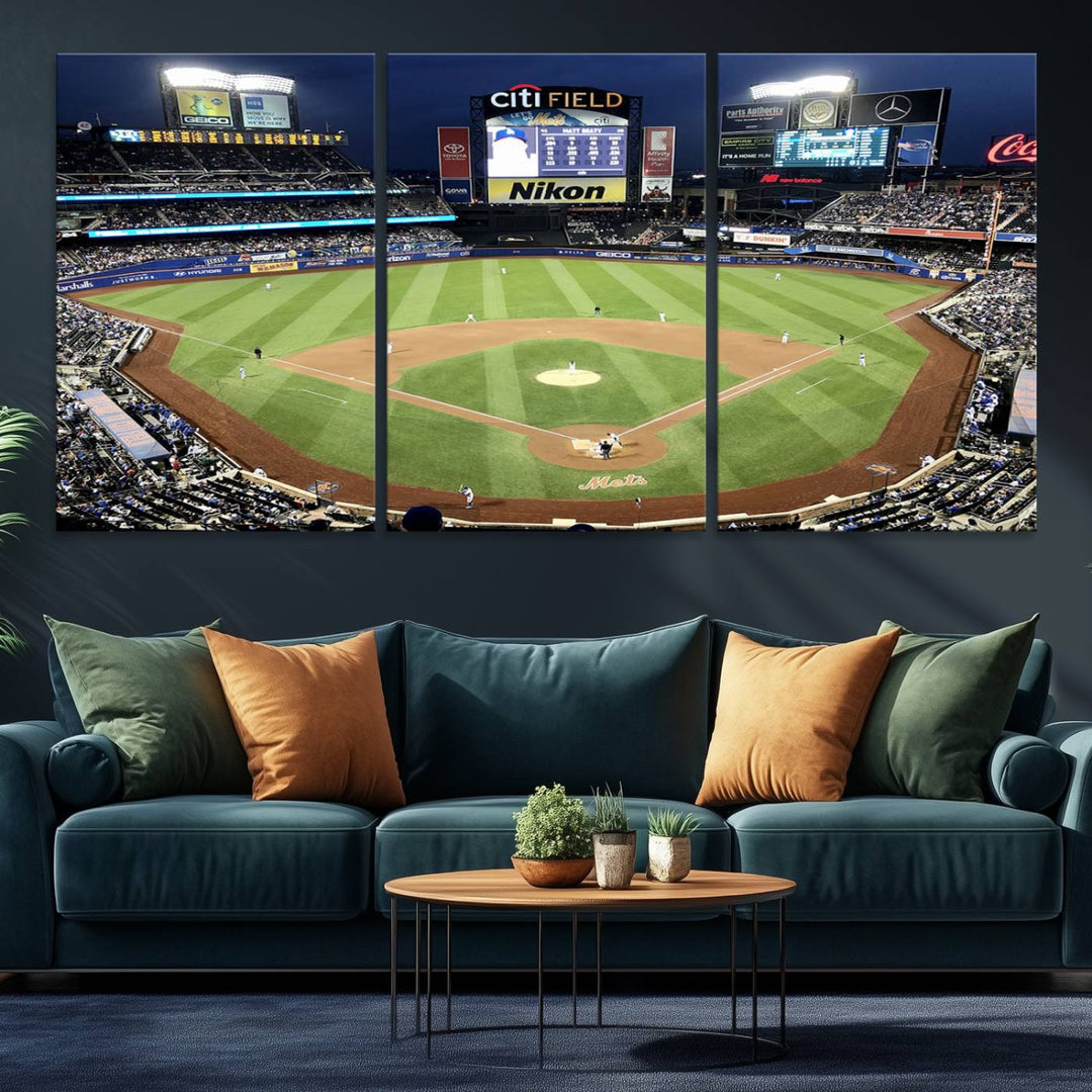 The wall is adorned with a 3-panel Citi Field Wall Art Print, framed for sports-themed decor.