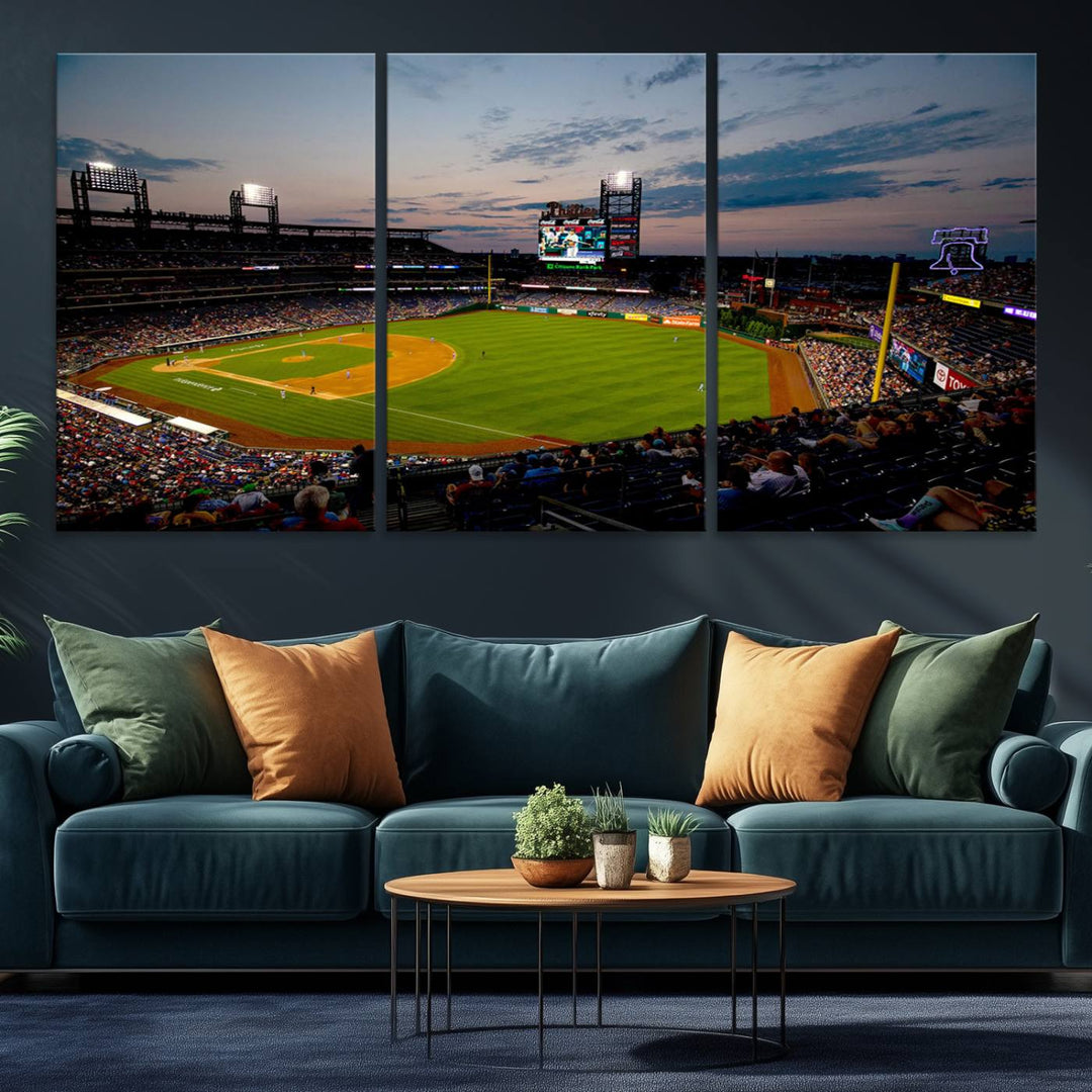 A wall art piece depicting the Philadelphia Phillies Citizens Bank Park Stadium at dusk.