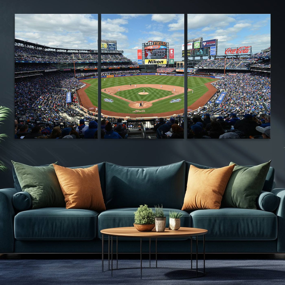 A wall art piece featuring a New York Mets Baseball Team print of Citi Field during a thrilling game under a blue sky.