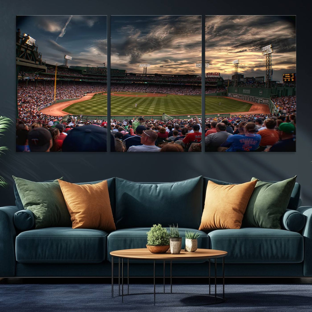 Boston Red Sox canvas print of Fenway Park at sunset, ideal for sports fans.