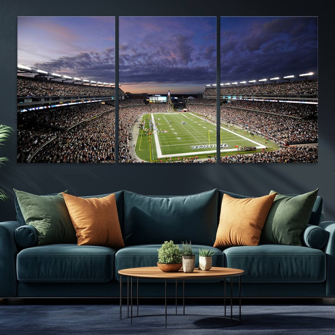 A large New England Patriots Foxborough Gillette Stadium wall art canvas print at sunset.