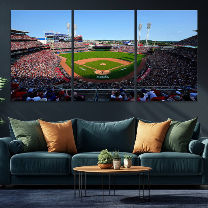 The Cincinnati Reds Baseball Team print of Great American Ball Park Stadium adorns the wall.