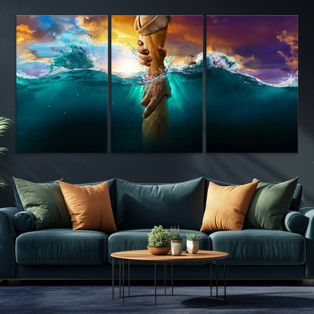 The God Hand Wall Art Canvas Print depicts hands reaching through water against a vibrant sky.