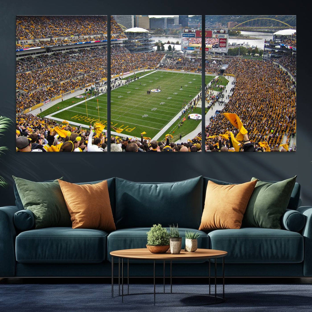 Heinz Field wall art and a cityscape serve as the backdrop.