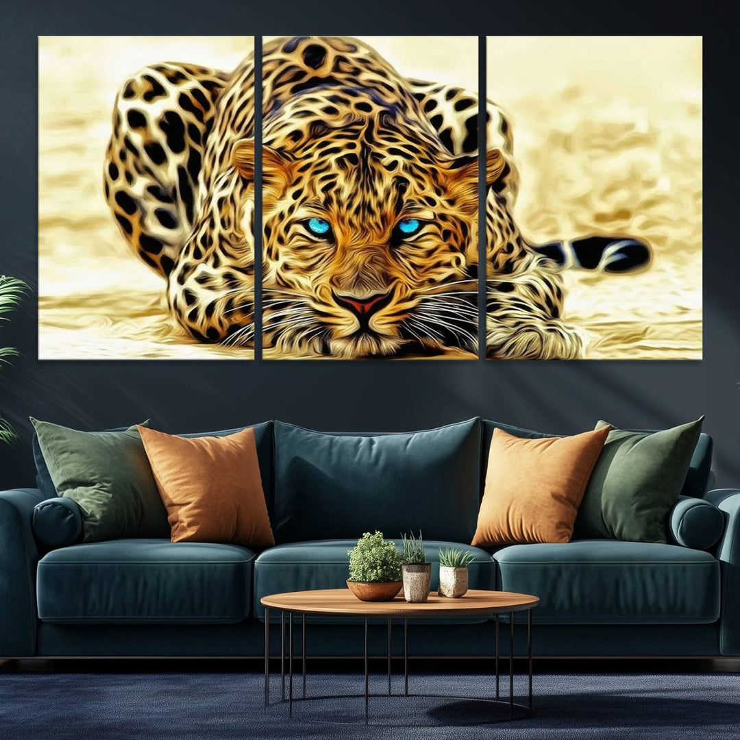 The Blue-Eyed Leopard Canvas Wall Art features a fierce and captivating design, perfect for wildlife enthusiasts. Its bold imagery makes it a striking decor piece, ready to hang.