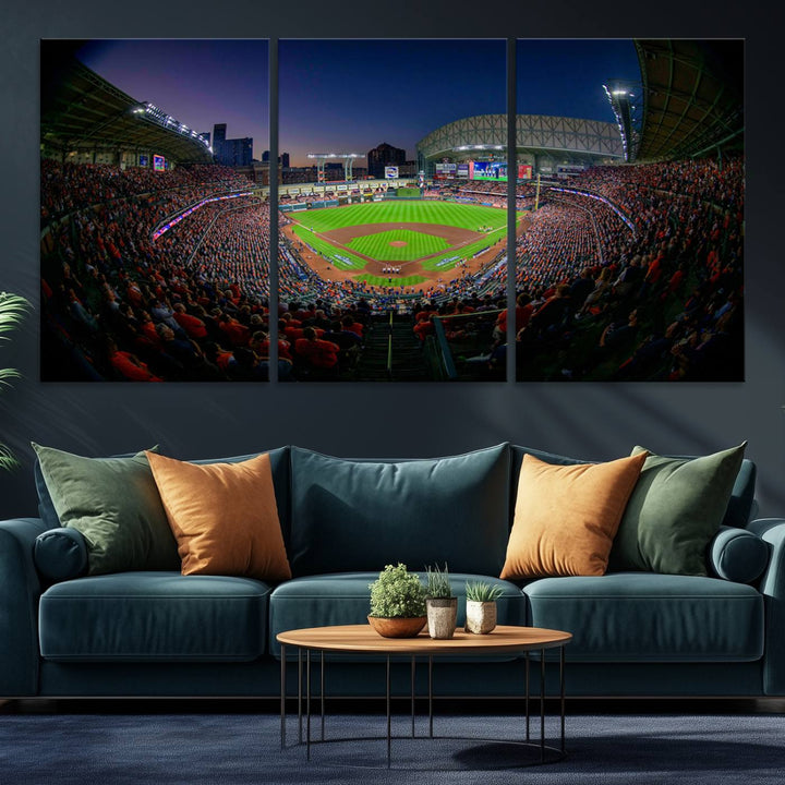 A canvas print of Houston Minute Maid Park at dusk is mounted on the wall.