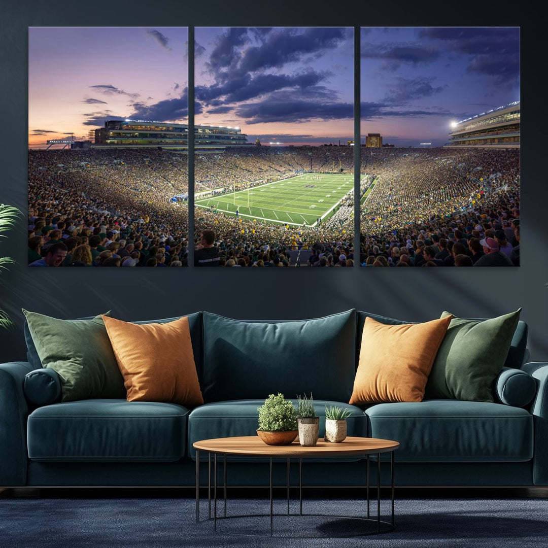 As the sun sets, a stunning backdrop highlights the Notre Dame Fighting Irish Football Team Print.