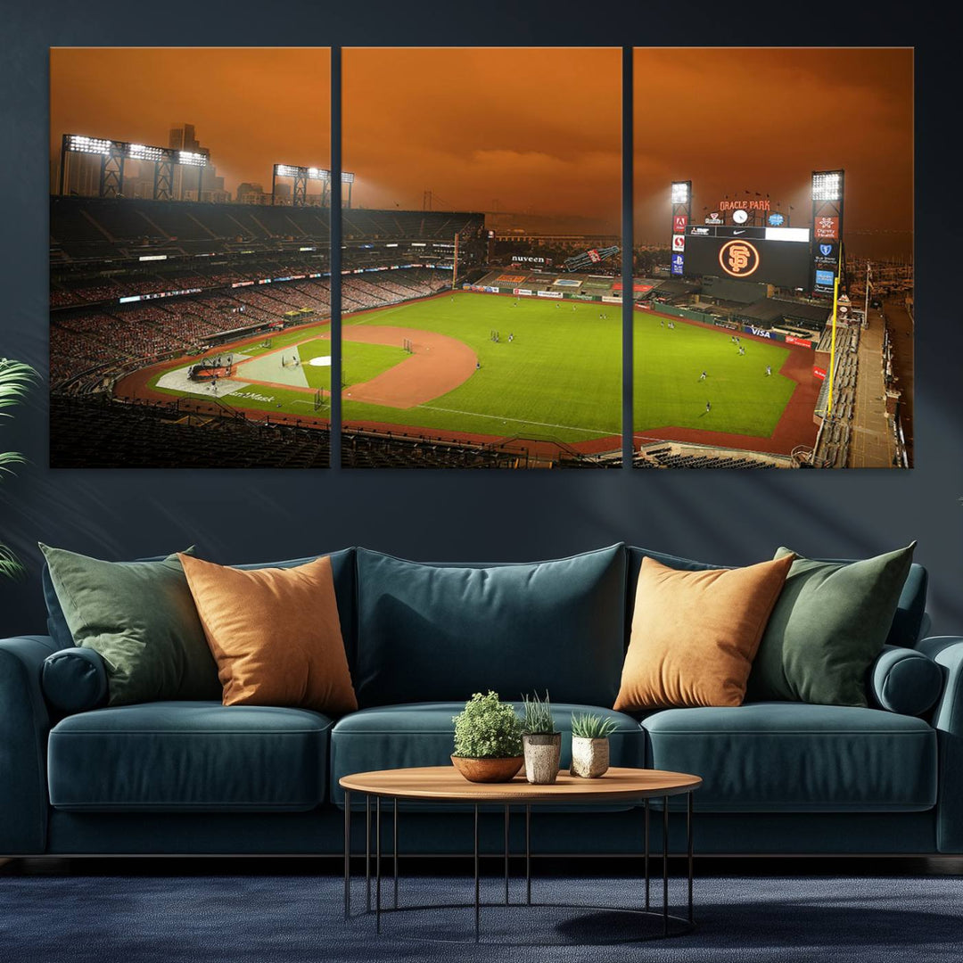 A canvas depicting an Oracle Park game with an orange sky, from SF Giants Stadium Wall Art.