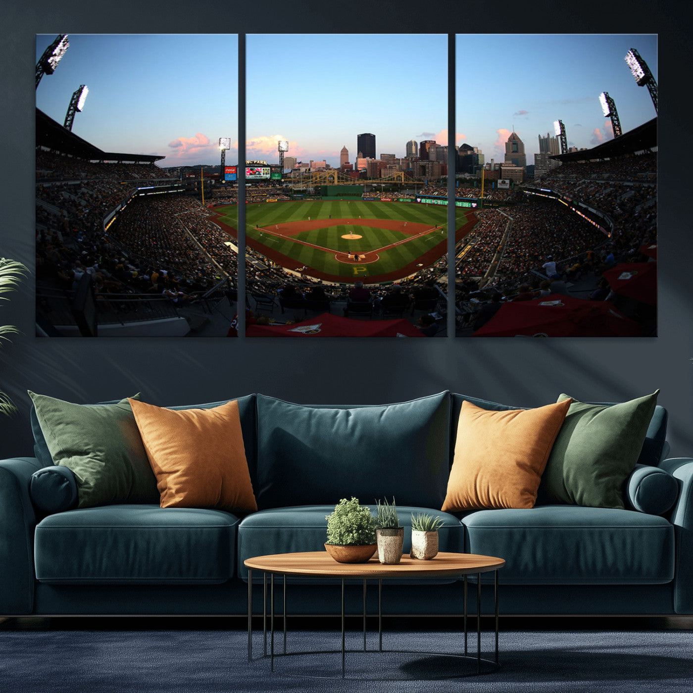 MGV-CV-60X30-3P - PNC Park Evening Game Triple Canvas Wall Art - Pittsburgh Pirates MLB Match - PNC Park Stadium Wall Art Canvas Print