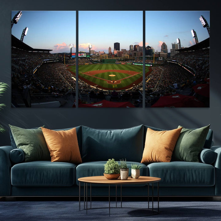 The PNC Park Evening Game Canvas, featuring a skyline backdrop, is displayed on the wall.