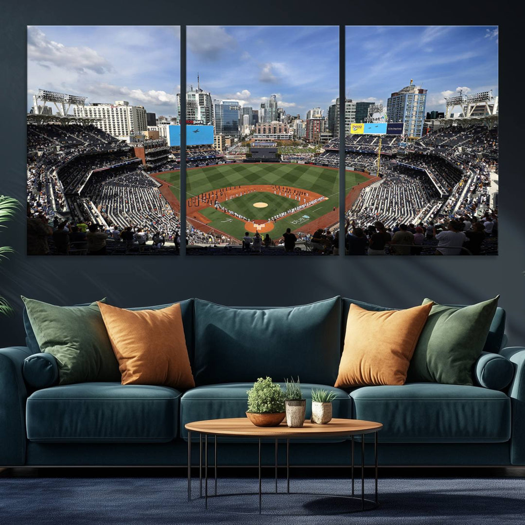 The San Diego Padres Baseball Canvas Print of Petco Park enhances the modern kitchen-dining area.