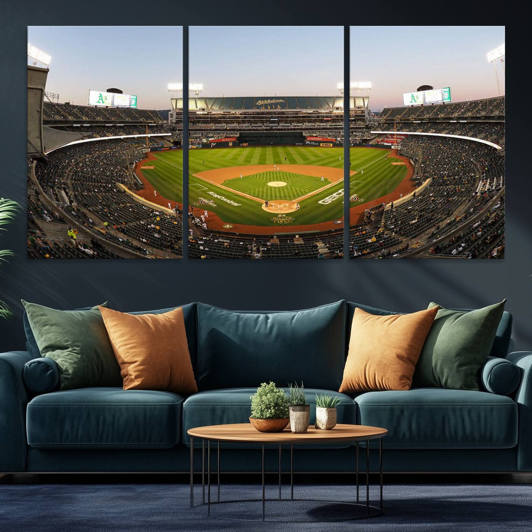 Oakland Athletics wall art canvas featuring the interior of RingCentral Coliseum Stadium.