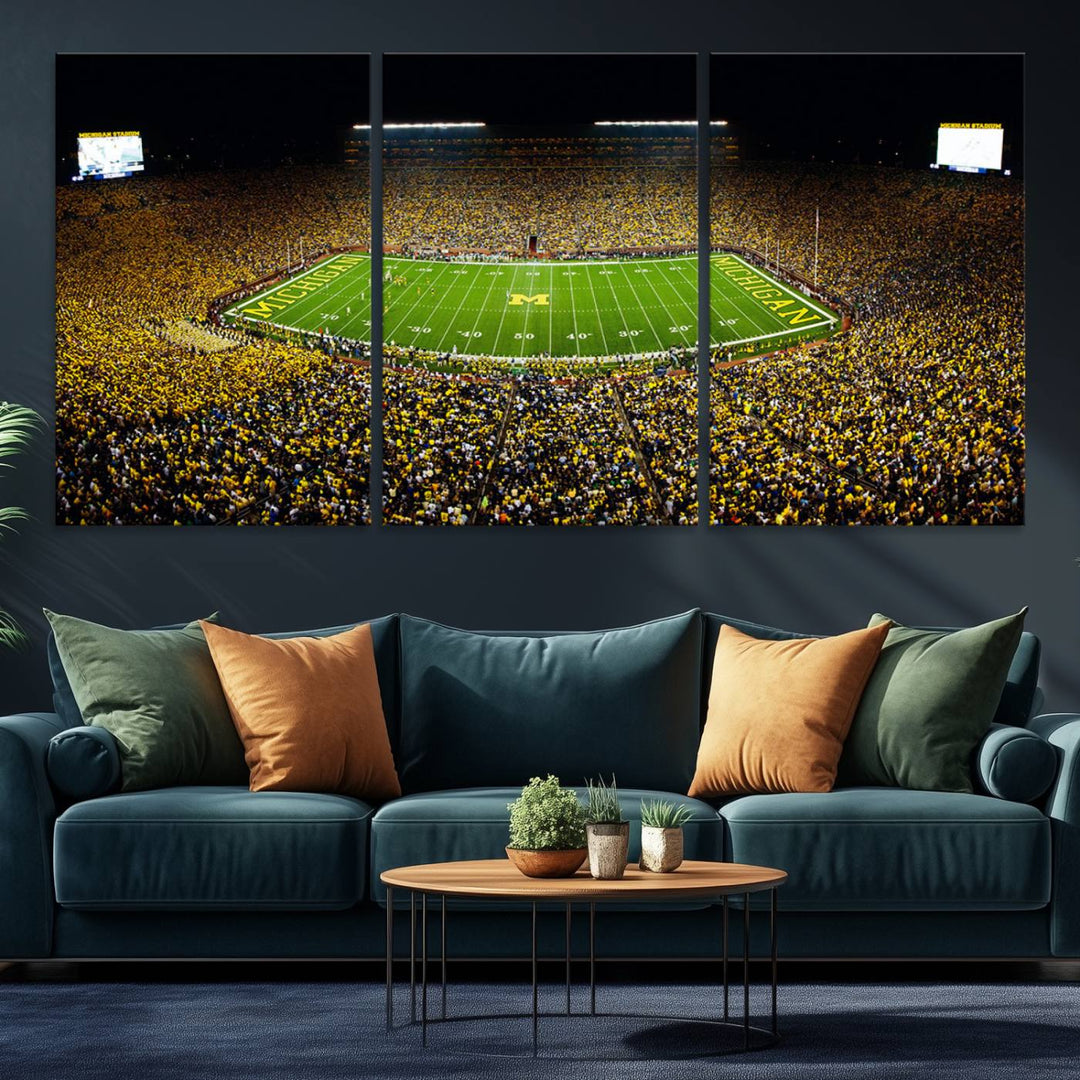 Aerial view of Michigan Stadium night game, ideal for Michigan Wolverines Football Team displayed on a triple canvas wall art.